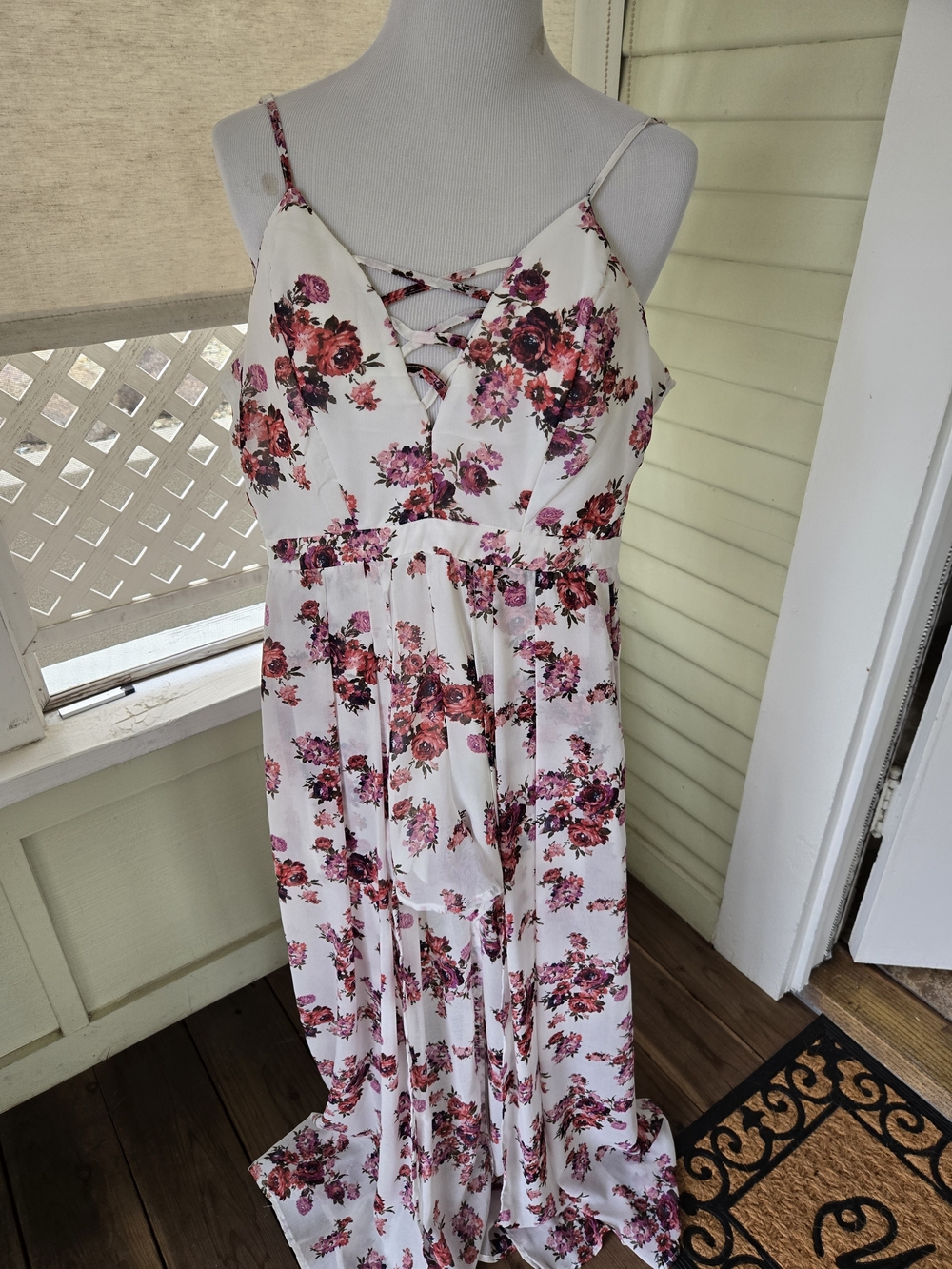 Midnight Doll white floral romper maxi dress